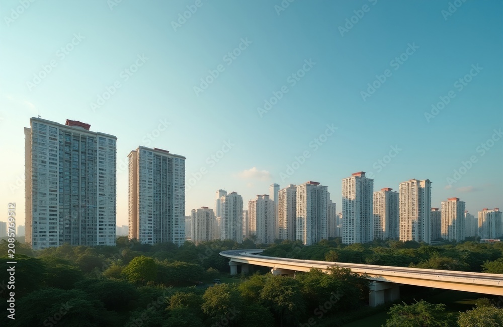 Fototapeta premium High rise apartment buildings form city skyline next to green park area. A highway curves through trees under clear blue sky. Modern urban neighborhood offers residential living.