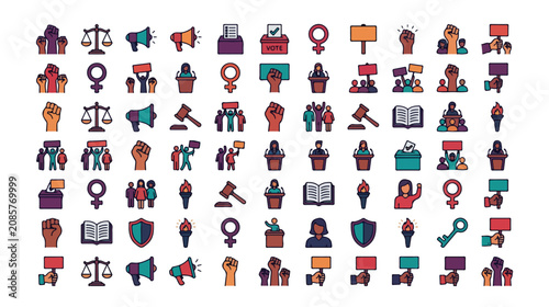 Social justice and human rights icon set, 70 flat vector icons for activism and politics, civil rights protest symbols for democracy and equality