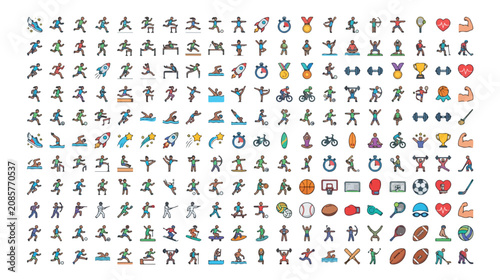 Flat line sports icons set, colorful athletic activities and fitness symbols vector, large collection of olympic sport competition pictograms