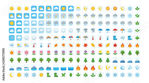Weather and nature icon set, colorful flat vector symbols for meteorology and environment, seasonal climate and outdoor elements collection