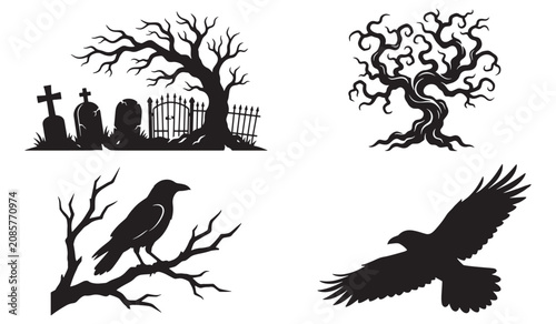Spooky Halloween Graveyard and Crow Elements Set