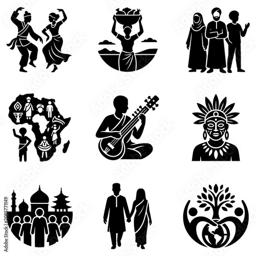 cultural diversity and multiculturalism icons showcasing global community and diverse humanity symbolizing unity and shared heritage.