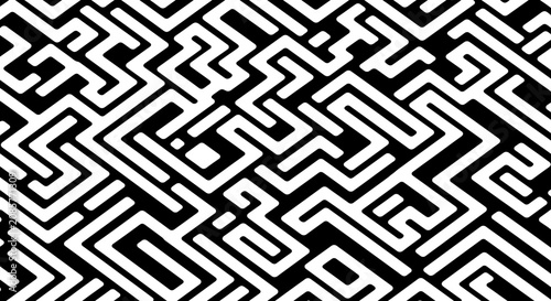 Foto Abstract Black and White Seamless Maze Pattern with Interlocking Geometric Lines