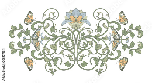 Elegant Vintage Floral Ornament with Blue Flower, Green Leaves, and Butterflies on Isolated White Background