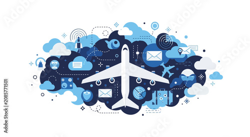 Global Aviation Logistics and Smart Travel Connectivity Flat Vector Illustration with Airplane, Data, and Communication Icons