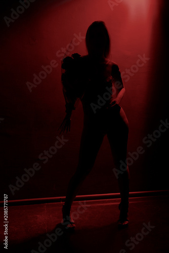 Full length silhouette portrait of a slender young woman holding a bouquet of roses against a black background with dramatic red illumination