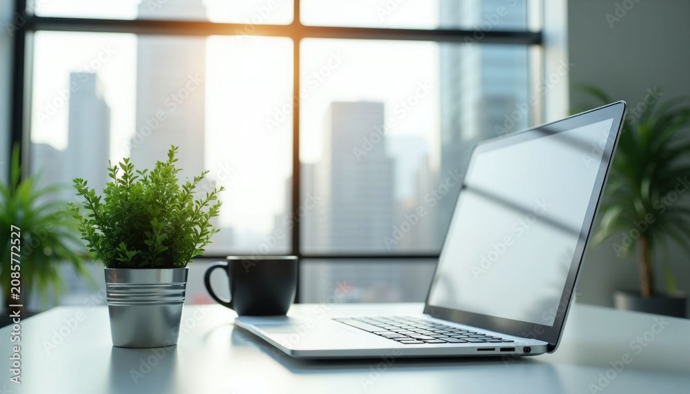 Fototapeta premium Modern office desk with laptop, green plant, and coffee mug. Bright workspace with city view. Professional setup for business and productivity.