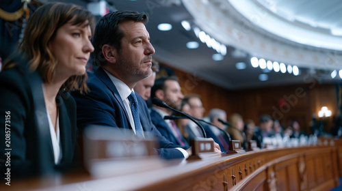 A congressional subcommittee room where senators and technology policy advisors face a witness table during an AI regulation hearing, official nameplates and microphones arranged precisely along the