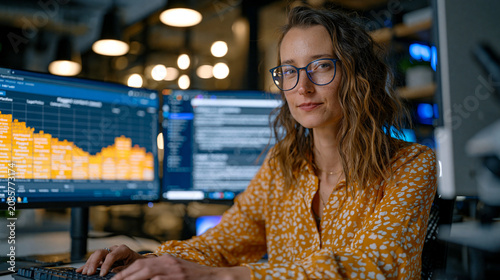 A content policy manager at a technology company reviewing an AI moderation accuracy report on a desktop workstation, flagged content category breakdowns visible on one monitor while legal policy gu