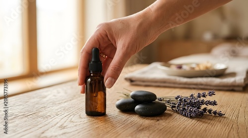 Hand placing essential oil bottle on wooden table with stones and lavender