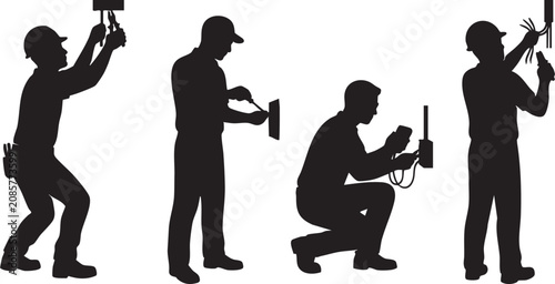 Принти на полотні Electrician Worker Silhouette Set, Electrical Technician Installing Wiring and R