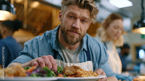A man in recovery from binge eating disorder arranges a structured meal on a plate at a supervised residential treatment facility kitchen, supported by a counselor, capturing structured eating recov