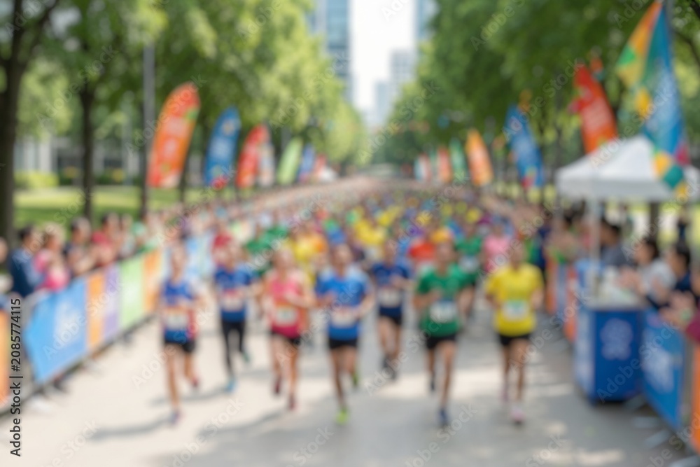 Obraz premium Blurred runners racing through a city marathon course.
