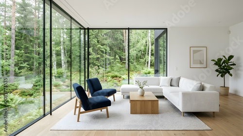 Modern living room with forest view, Scandinavian interior design