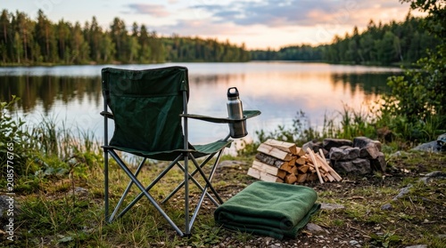 A folding camping chair with a built-in cup holder positioned beside a peaceful lakeshore, accompanied by a reusable water bottle, a neatly folded green blanket, and a stack of firewood.
