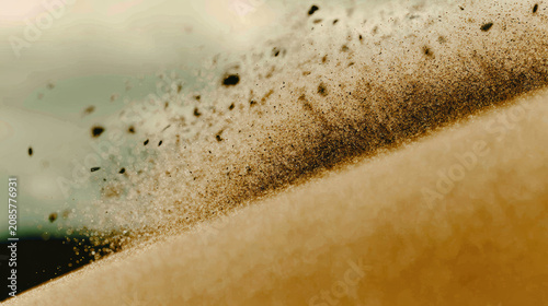 Golden sand particle spray over dune with dramatic motion and warm light
