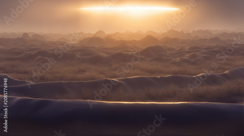 Golden sunrise over misty dune landscape with soft grass and distant hills creating tranquil atmosphere