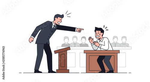 Boss Yelling at Scared Employee in Courtroom Setting