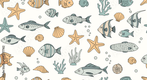 Charming seamless pattern of detailed hand drawn sea fish starfish corals and seashells on a light cream background.