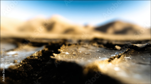 Frosty ground frozen soil winter landscape shallow focus golden light distant hills
