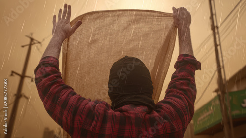 Masked person in rain holding scarf overhead with dramatic orange sky and power pole silhouette, moody texture and motion