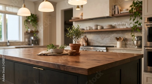 Wooden kitchen island countertop with potted plant