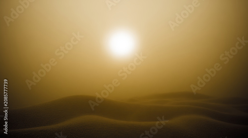 Golden desert landscape with rolling sand dunes under hazy sun, warm atmospheric scene evoking solitude and calm