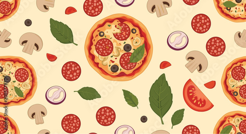 Delicious seamless pattern of whole pepperoni pizzas, sliced mushrooms, onions, tomatoes, and fresh green basil leaves on a beige background.