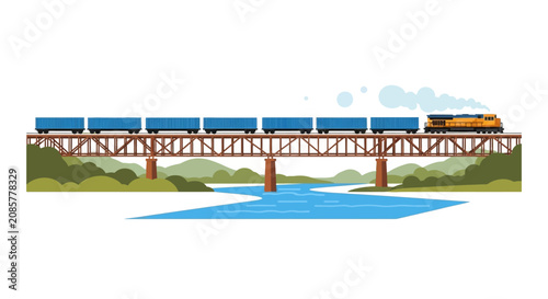 Cargo Freight Train on Steel Bridge Crossing River - Global Logistics and Transportation Concept Vector Illustration