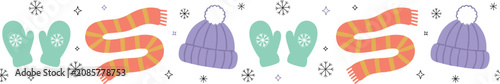 Photos Colorful Winter Clothes Seamless Border Pattern with Knitted Mittens Striped Sca