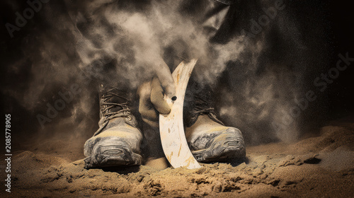 Worn work boots on sandy ground with gloved hand holding curved trowel and dust clouds rising, gritty and atmospheric construction scene