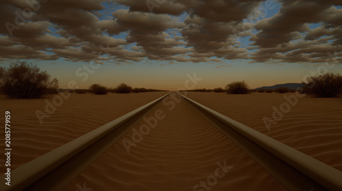 Desert railroad track horizon sunset dramatic clouds lonely landscape