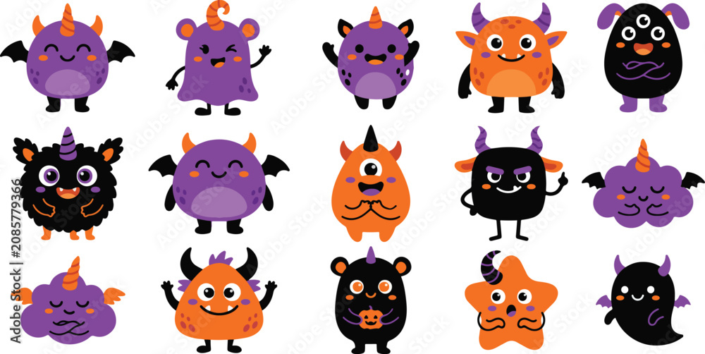 Naklejka premium Halloween monsters and creatures cartoon characters