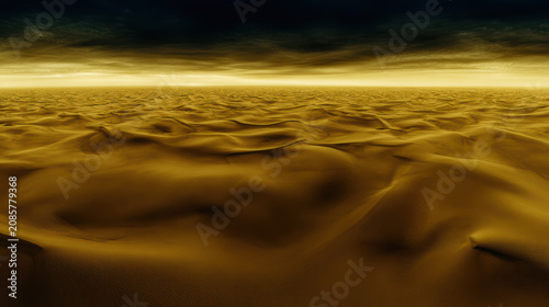 Golden desert dune landscape sand dune barren desert sunset horizon dramatic sky vast expanse