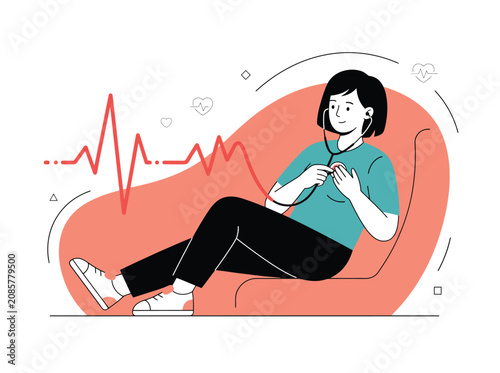 Woman checking heart health with stethoscope, a medical examination vector illustration. Female patient monitoring heartbeat, a cardiology and healthcare concept.
