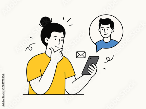 Online communication vector illustration, a thoughtful person receiving a message, digital connection concept, social media interaction, mobile phone usage, networking, and remote work.