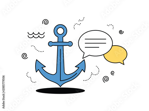 Blue anchor vector illustration, a symbol of stability and security. Nautical marine icon with speech bubbles, representing communication and support. Ideal for business concepts, web design