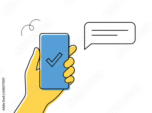 Hand holding smartphone with checkmark, successful mobile notification, confirmed message, completed online task, modern vector illustration for digital communication and app design