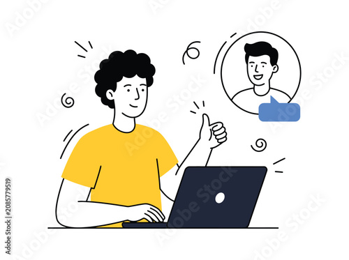 Happy man giving thumbs up, positive feedback, online communication, customer satisfaction, and social media engagement vector illustration
