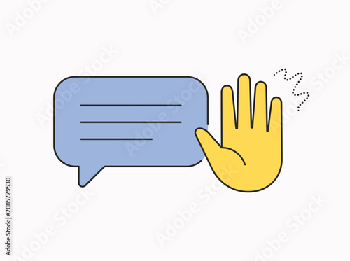 Stop hand gesture with speech bubble, a flat vector illustration for communication and refusal. Modern graphic design element for digital interfaces, social media, and user experience.