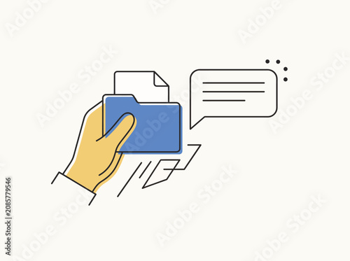 Document sharing vector illustration, hand holding blue file folder with paper, digital data transfer concept, secure file exchange graphic resource
