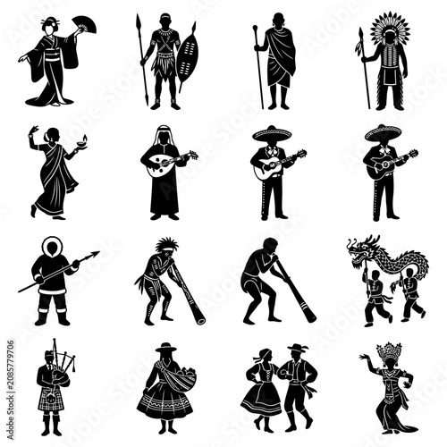 global cultures of diverse people depicted in traditional costumes representing various world traditions and international heritage.
