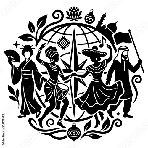 global diversity and cultural celebration showcasing multicultural people in traditional dress representing various world cultures and global travel.