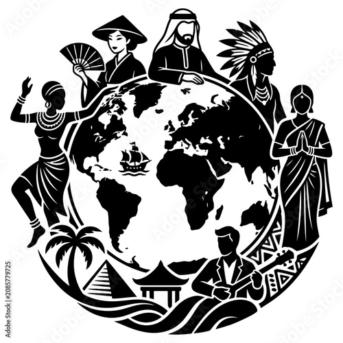 global diversity multiculturalism and world cultures depicting diverse people and symbols around a globe for international unity.