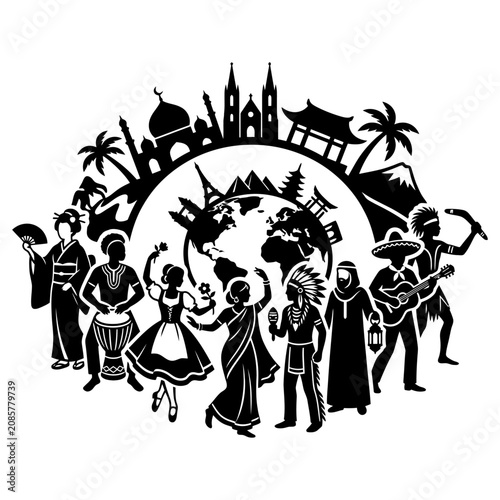 global diversity cultural unity and international community of people celebrating peace around world landmarks.