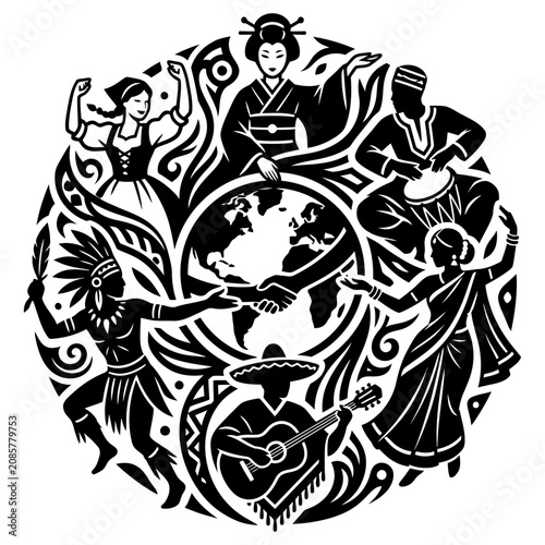 global unity and cultural diversity illustrated by diverse people celebrating international cooperation around a central earth globe.