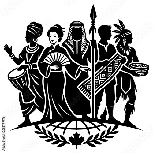 multi-ethnic people in traditional attire on globe with canadian maple leaf global unity and diversity.