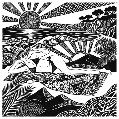 Artistic Tribal Illustration of a Woman in a Bikini Relaxing on a Sandy Beach under a Large Geometric Sun with Intricate Pattern Landscapes