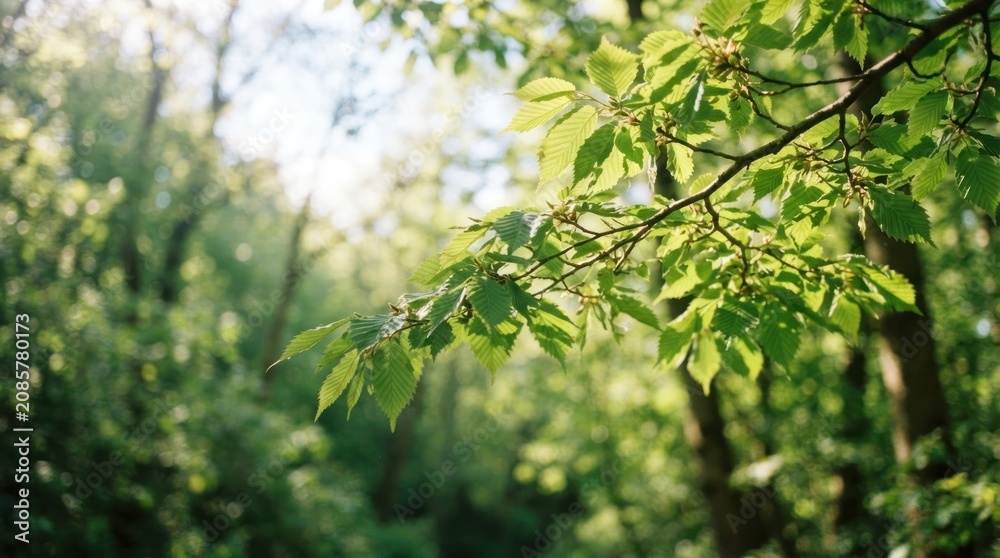Fototapeta premium Lush green foliage sunlight filtering through fresh spring leaves on a branch in forest