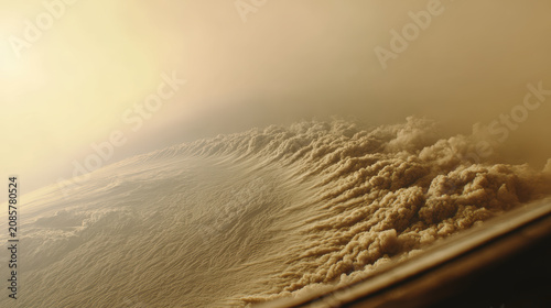 Majestic desert sand dune with wind sculpted ridges and swirling dust creating dramatic golden atmosphere
